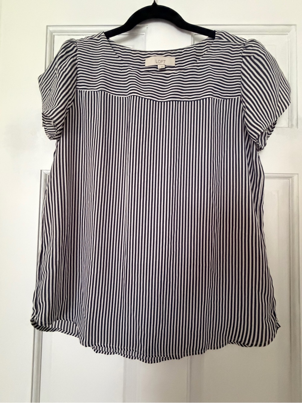 LOFT Grey and White Vertical Stripe Short Sleeve Blouse